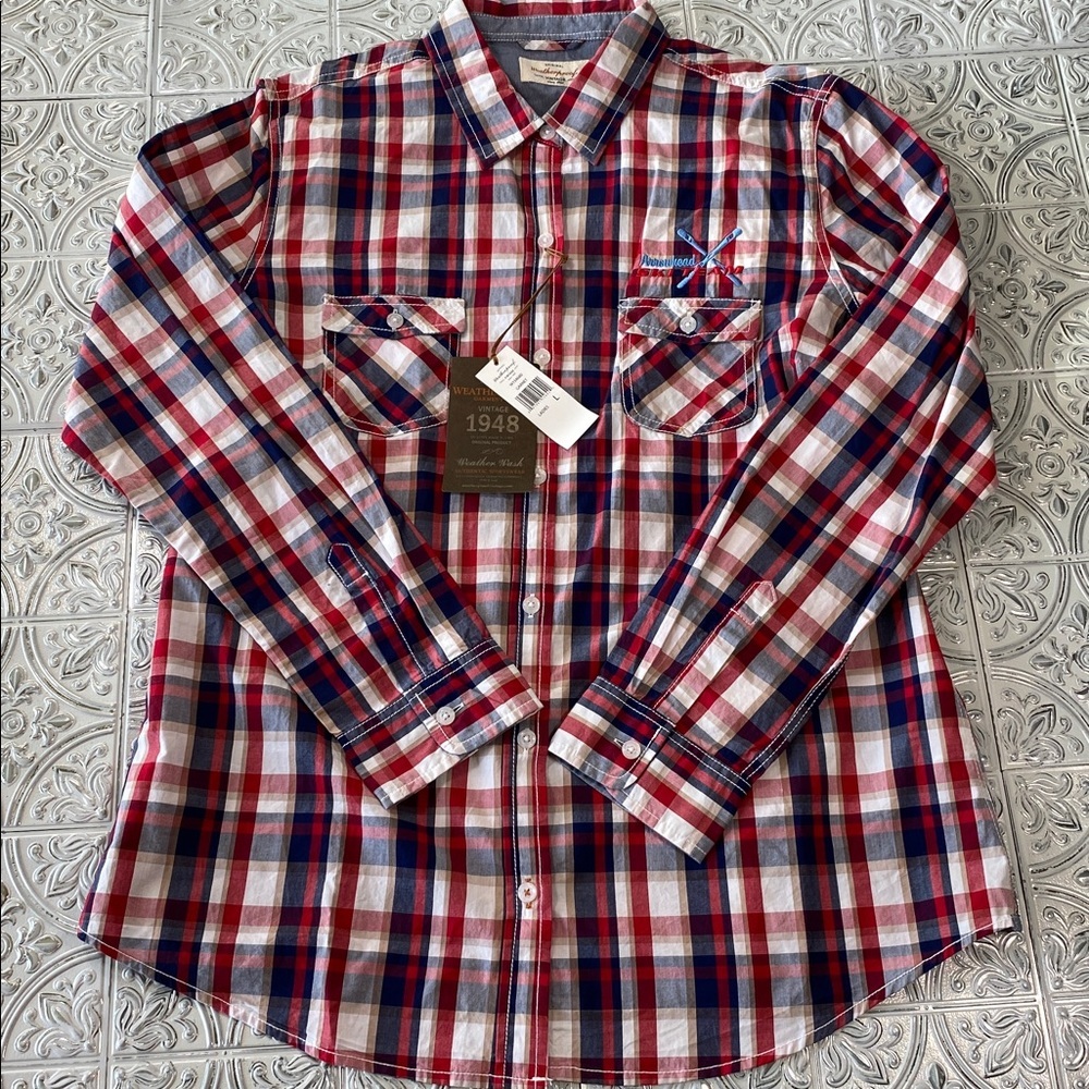 Weatherproof Vintage NWT Men’s Red Blue Plaid Button Down Shirt L Ski Team